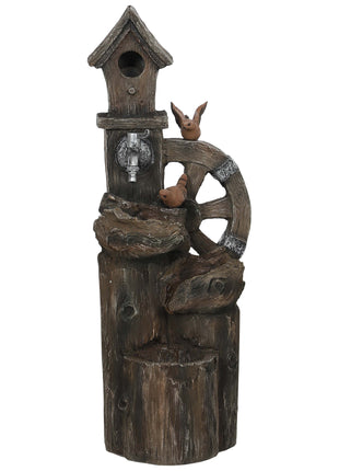 Outdoor Water Fountain, Decorative Garden Birdhouse, 3-Tier Cascading Waterfall with LED Lights and Water Wheel, Soothing Tranquility for Home Garden, Yard Decor
