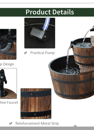 Wood Freestanding Fountain with 2 Tier Waterfall Barrel, Electric Pump for Garden Decor, Lawn, Backyard