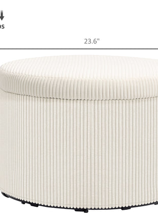 24 Inches Round Storage Ottoman Stool with Lid, Upholstered Corduroy Foot Rest for Living Room, Bedroom, Beige