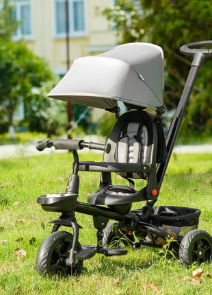 Kids Tricycle, 5 in 1 Foldable Trike with Reversible Seat, Adjustable Parent Handle, Safety Harness, Wheel Brakes, Gray