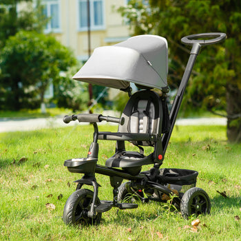 Kids Tricycle, 5 in 1 Foldable Trike with Reversible Seat, Adjustable Parent Handle, Safety Harness, Wheel Brakes, Gray