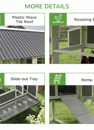 Wooden Chicken Coop with Run, 2 Nesting Boxes, 2 Roosting Bars, Ramp & Tray, Poultry Cage for 4-6 Chickens, Gray
