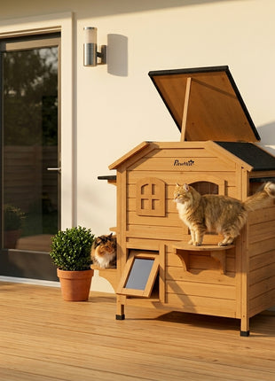  2-story Cat House Outdoor, Weatherproof Wooden Cat Enclosure for Feral Cats with Escape Door, Openable Roof, Jumping Platforms, Natural