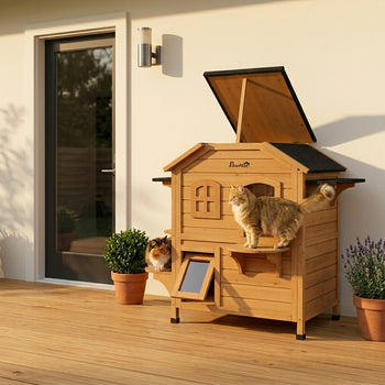  2-story Cat House Outdoor, Weatherproof Wooden Cat Enclosure for Feral Cats with Escape Door, Openable Roof, Jumping Platforms, Natural