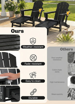 Folding Adirondack Chair Set of 2, HDPE Fire Pit Chair with Retractable Ottoman and Cup Holder, Black
