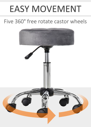Round Rolling Stool with Height Adjustable Lift, Vanity Chair with Luxury Style Upholstery, Office Chair with Swivel Seat and Wheels for Work Spa Salon, Grey