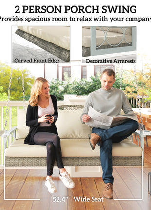 3 Person Wicker Hanging Outdoor Patio Porch Swing Bench with Cup Holders, Cushions, and Chains, Natural