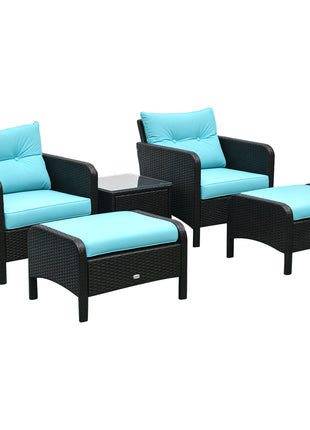 5 Pieces Rattan Wicker Lounge Chair Outdoor Patio Conversation Set with 2 Cushioned Chairs, 2 Ottomans and Tempered Glass Top Coffee Table, Brown/Blue