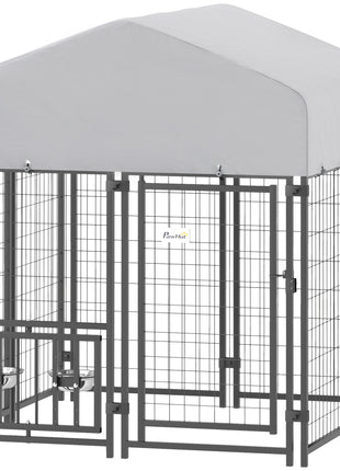 Welded Wire Outdoor Dog Kennel with 360° Rotating & 4 Levels Adjustable Bowls, Waterproof Cover, 3.9' x 3.9' x 4.5'