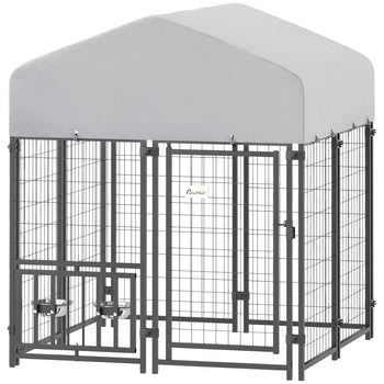 Welded Wire Outdoor Dog Kennel with 360° Rotating & 4 Levels Adjustable Bowls, Waterproof Cover, 3.9' x 3.9' x 4.5'