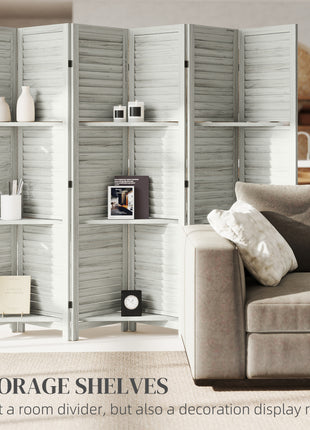 6 Panel 67" Tall Wood Privacy Screen Room Divider with 3 Shelves and Folding Storage for Bedroom, White