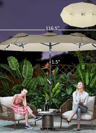 Double-sided Patio Umbrella, 9.7' Outdoor Umbrella with Tilt and Crank, LED Solar Light and 12 Ribs, Cream White