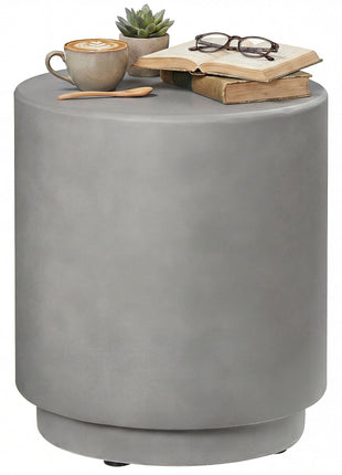 Lightweight Accent Table with Concrete Finish Round Side Table, Light Gray