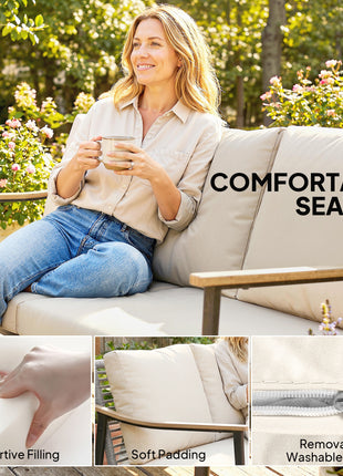 3 Seater Outdoor Patio Sofa, Outdoor Couch with Wood-Effect Armrests, Wicker Backrest, Cushions for Garden Yard, Khaki