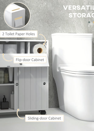 Toilet Paper Cabinet, Slim Bathroom Cabinet with 4 Rolling Wheels, Small Bathroom Storage Cabinet with Paper Holes, Sliding Doors and Adjustable Shelf for Small Space, White