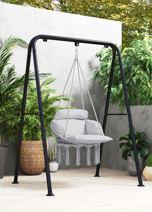 Hammock Swing Chair, Macrame Hanging Chair with Large Cushion, Chain, Steel Frame for Indoor Outdoor Use, Gray