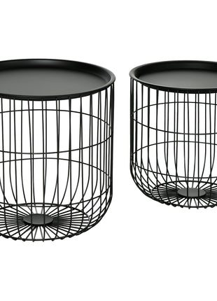 Coffee Table Set, Nest of Coffee Tables with Steel Wired Basket Body and Removable Top for Living Room, Black