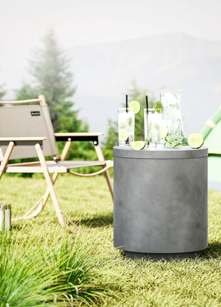 2.6 Gal Outdoor Side Table, 3-In-1 Concrete Cooler Bar Table with Storage, Removable Ice Bucket and Lid, Gray