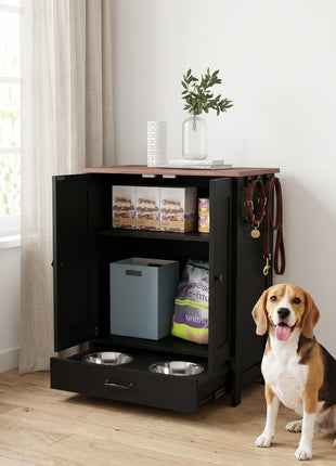 Pet Feeding Station, Dog Food Storage Cabinet w/ Raised Dog Bowls, Adjustable Panel, Hooks for Medium Dogs, Black