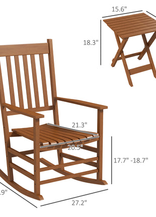 Outdoor Rocking Chair Set of 2 with Side Table, Patio Wooden Rocking Chair with Smooth Armrests, High Back for Garden, Balcony, Porch, Supports Up to 352 lbs, Teak