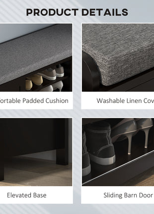 Modern Shoe Storage Bench, Entry Way Bench with Cushion, 2 Sliding Doors, Storage Ottoman Bench, Holds 10 Pairs, Black