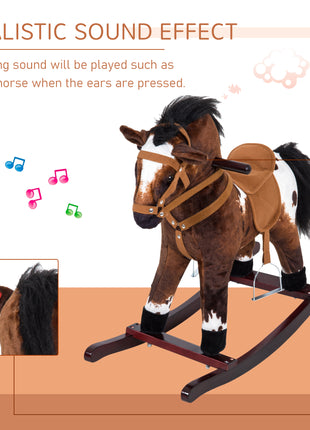 Kids Wooden Plush Ride-On Rocking Horse Chair Toy with Realistic Sounds Dark Brown/White