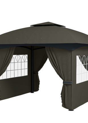 11' x 11' Outdoor Gazebo, Double Roof Patio Gazebo with Curtains, Church Windows, Galvanized Steel Frame, Dark Gray