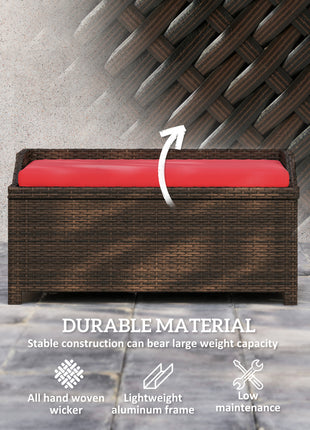 Outdoor Wicker Storage Bench with Storage & Cushion, Red