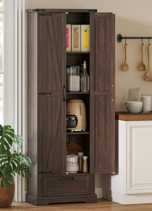 71" Pantry Cabinet, Kitchen Storage Cabinet with Adjustable Shelves, Barn Doors and Drawer for Dining Room, Brown