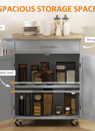 Kitchen Island Cart, Rolling Island Table with Solid Wood Top, Trolley Cart with Drawer, Storage Cabinet & Towel Rack, Gray