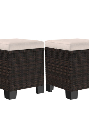 2 Piece Wicker Outdoor Ottomans with Cushions, Rattan Ottoman Footrest and Side Table for Patio, Yard, Poolside, Cream