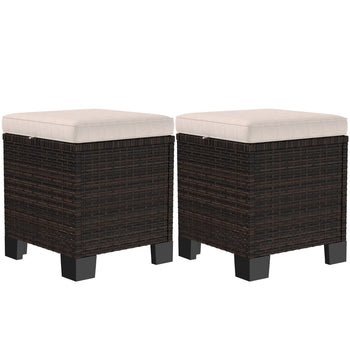2 Piece Wicker Outdoor Ottomans with Cushions, Rattan Ottoman Footrest and Side Table for Patio, Yard, Poolside, Cream