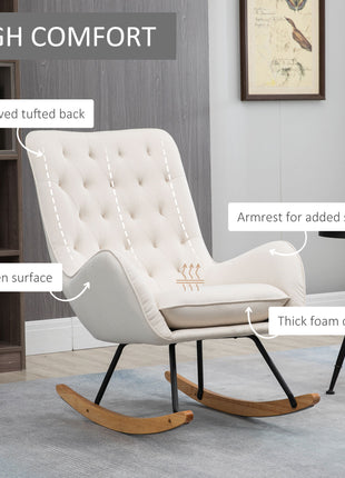 Mid-Century Fabric Rocking Chair Sofa Armchair Tufted Rocker Wingback Accent Chair with Padded Seat, Rubber Wood Base for Home Studio, Bedroom, Living Room, Cream White
