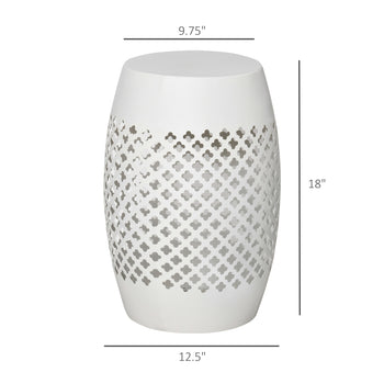 12" Steel Outdoor Side Table, Round Hollow Drum Patio End Table, Accent Table for Indoor and Outdoorr, White