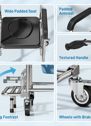 3-in-1 Shower Commode Wheelchair, Accessible Transport Commode Medical Rolling Chair, Black