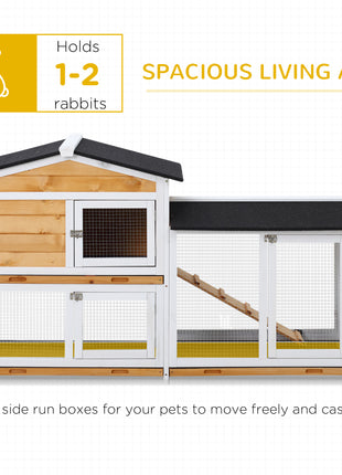 62" Rabbit Hutch, Wooden Bunny Hutch, Guinea Pig Cage, Small Animal Enclosure with Run Area, Removable Tray, Asphalt Roof, Lockable Doors and Ramp, for Rabbits, Chickens, Ducks, Nature Wood