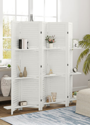 5 Panel 67" Tall Wood Privacy Screen Room Divider with 3 Shelves and Folding Storage for Bedroom, White