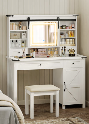 Vanity Desk Set with Mirror and Lights, Cushioned Stool, Storage Drawer, Cabinet, Shelves for Bedroom, White