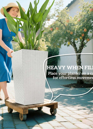 Tall Planters for Outdoor Plants Set of 3, 24 In Taper Planters with Drainage Holes, Rattan Decor Plant Pots, White