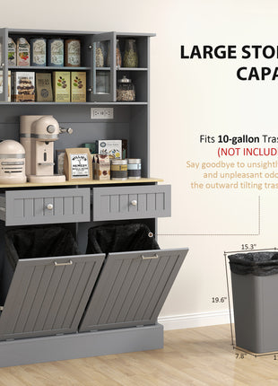 Kitchen Cabinet with Charging Station, 2 Tilt Out Cabinets, Microwave Stand, Freestanding Kitchen Pantry Cabinet, Gray