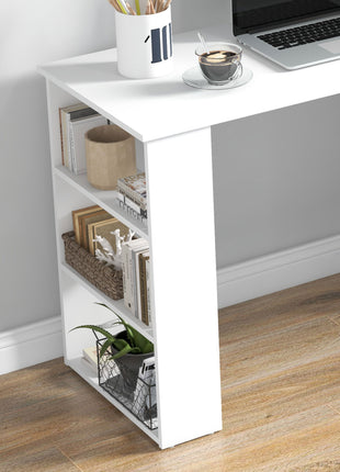 360° Rotating Home Office Desk L Shaped Corner Computer Desk with Storage Shelves, Writing Table Workstation, White