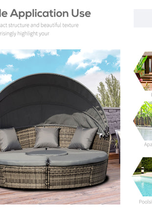 4-Piece Round Convertible Daybed with Cushions, Outdoor PE Rattan Patio Wicker Sofa Set, Sunbed with Adjustable Sun Canopy, Sectional Sofa, 2 Chairs, Table, 3 Pillows, Dark Gray