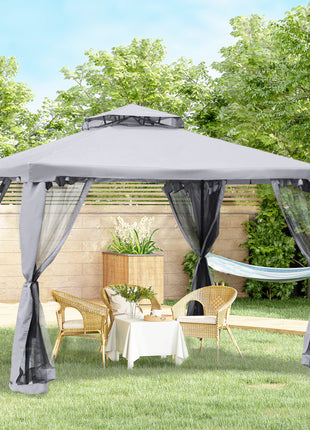 9.6' x 9.6' Patio Gazebo, Outdoor Canopy Shelter with 2-Tier Roof and Netting, Steel Frame for Garden, Lawn, Backyard, and Deck, Gray