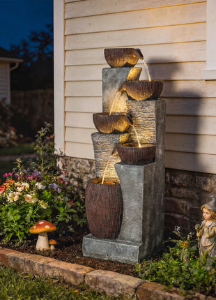 Outdoor Water Fountain with 5-Tier Crock Design, 51.2" Tall Cascading Waterfall Garden Fountain with LED Lights