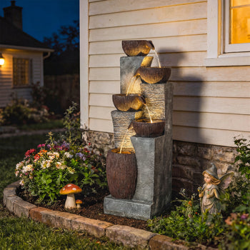 Outdoor Water Fountain with 5-Tier Crock Design, 51.2" Tall Cascading Waterfall Garden Fountain with LED Lights