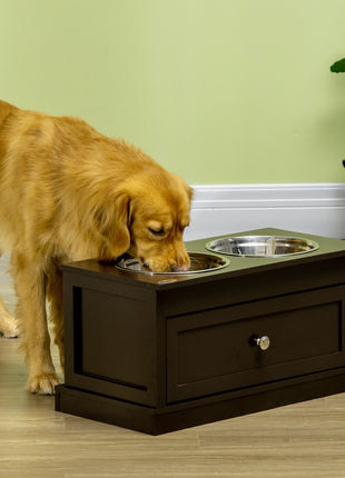 Large Elevated Dog Bowls with Storage Drawer Containing 11L Capacity, Raised Dog Bowl Stand Pet Food Bowl Dog Feeding Station, Brown