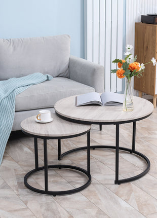 Round Nesting Tables Set of 2, Stacking Coffee Table Set with Metal Frame for Living Room, Grey