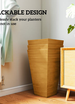 Set of 3 Tall Planters, 28" Outdoor Planter w/ Drainage Holes, Faux Wood Plastic Flower Pots, Light Brown