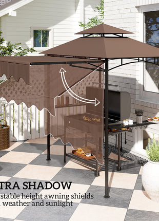 8' x 7.6' Outdoor Grill Gazebo, Barbecue Gazebo Shelter with Side Awning, 2 Side Shelves and 6 Hooks, Brown