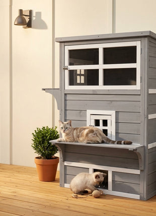 Outdoor Cat House, 3-Tier Kitty Shelter with 5 Escape Doors, Weather Resistant, Gray & White
